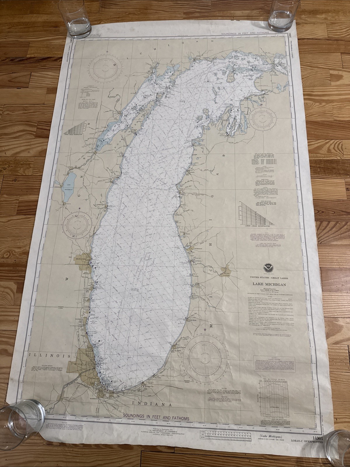 Vintage  Nautical Chart Lake Michigan Fishing Map Traverse Bay Sailing Chicago