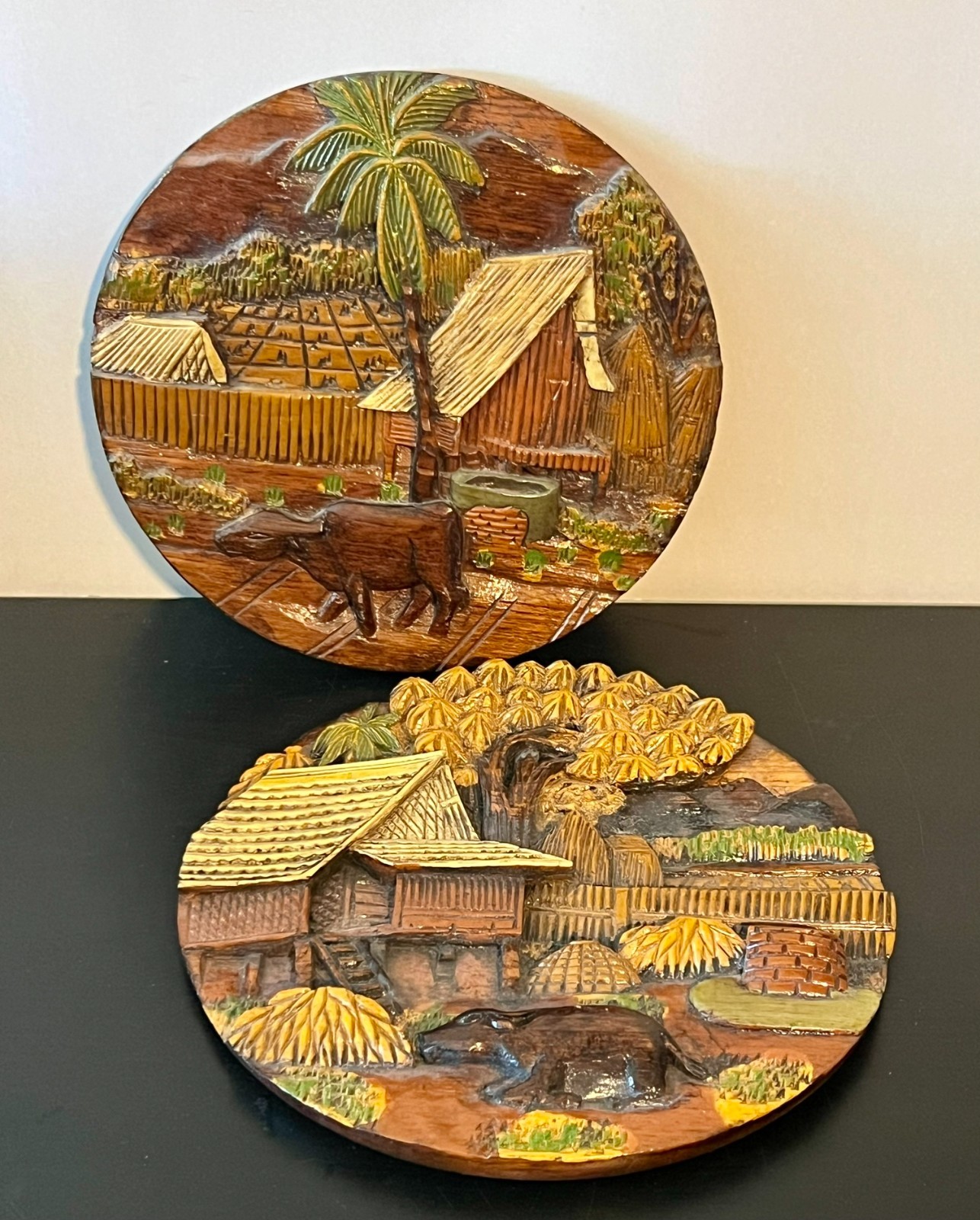 Lot 2 Vintage Thailand Hand Carved & Painted 3D Wood Wall Decor 9.5