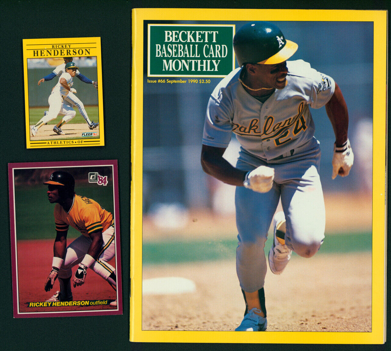 Rickey Henderson 1990 Beckett Monthly + 2 Baseball Cards '91 Fleer & '84 Donruss