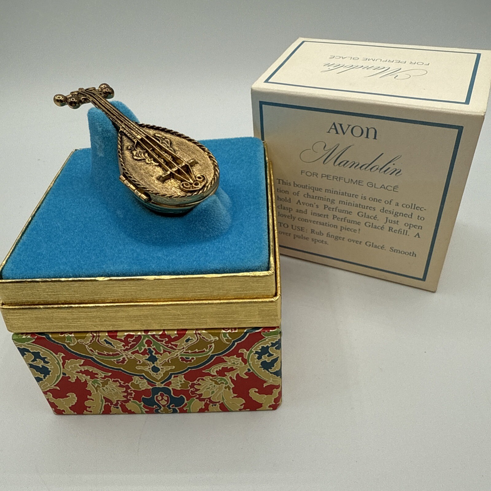 Vintage AVON Mandolin Lute Perfume Holder Glaze Gold Tone Gift Idea 70s with Box Vintage AVON Mandolin Lute Perfume Holder Glaze Gold Tone Gift Idea 70s with Box