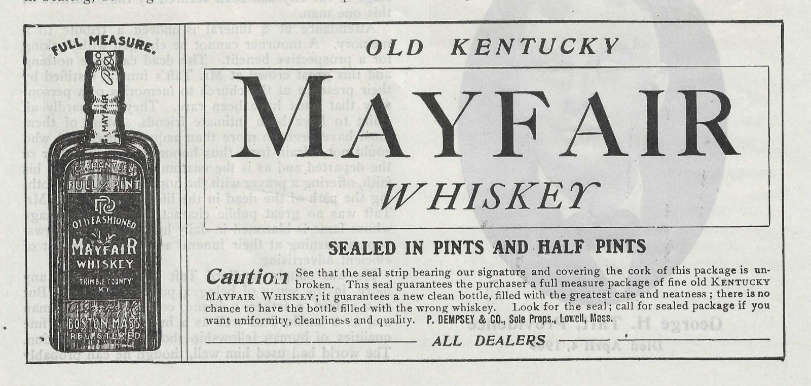 1909 Ads: Old Kentucky Mayfair Whiskey Trimble Co., Felton & Son Rum, Etc