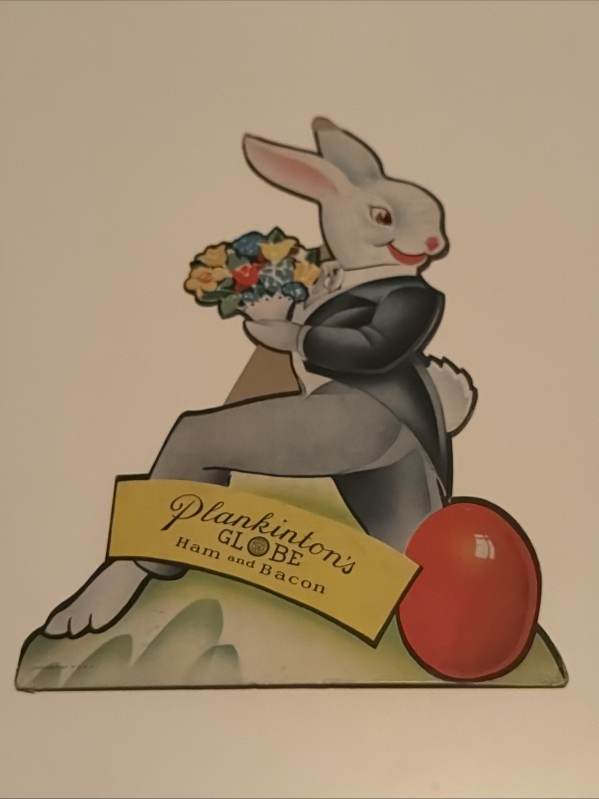 Vintage 1930s Plankinton’s Globe Ham Bacon Easter Bunny Die Cut Store Sign Rare