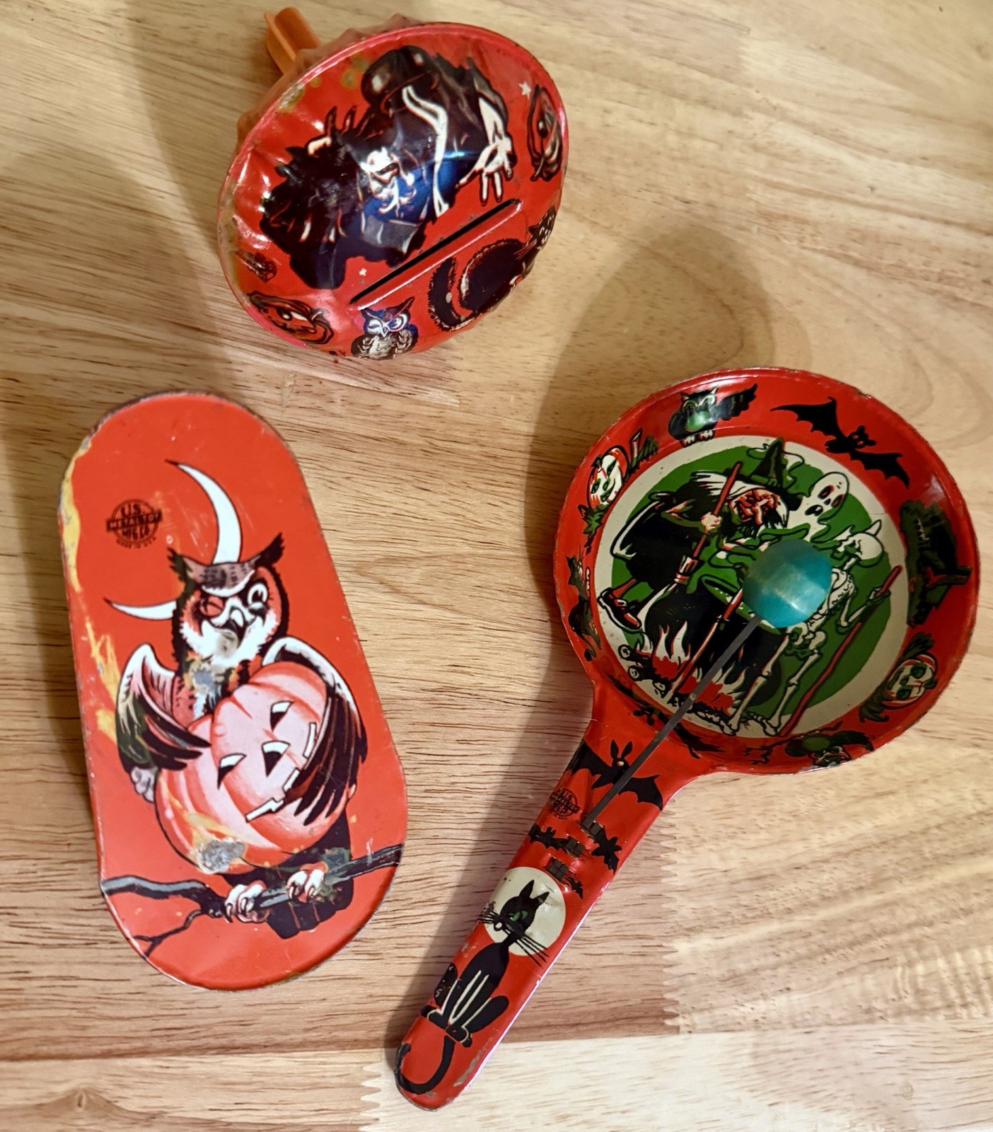 3 Vintage Halloween Party Tin Noisemakers Witch Cat Skeleton Ghost Paddle JOL