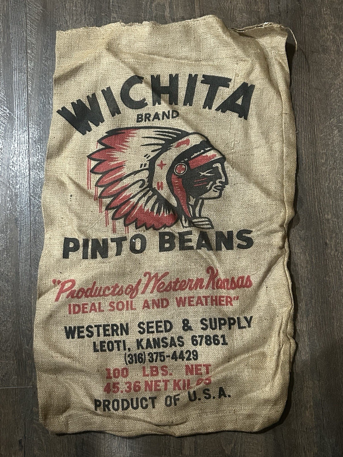 Vintage Wichita Brand Pinto Beans Burlap Sack Bag Indian Chief Kansas Unused Vintage Wichita Brand Pinto Beans Burlap Sack Bag Indian Chief Kansas Unused