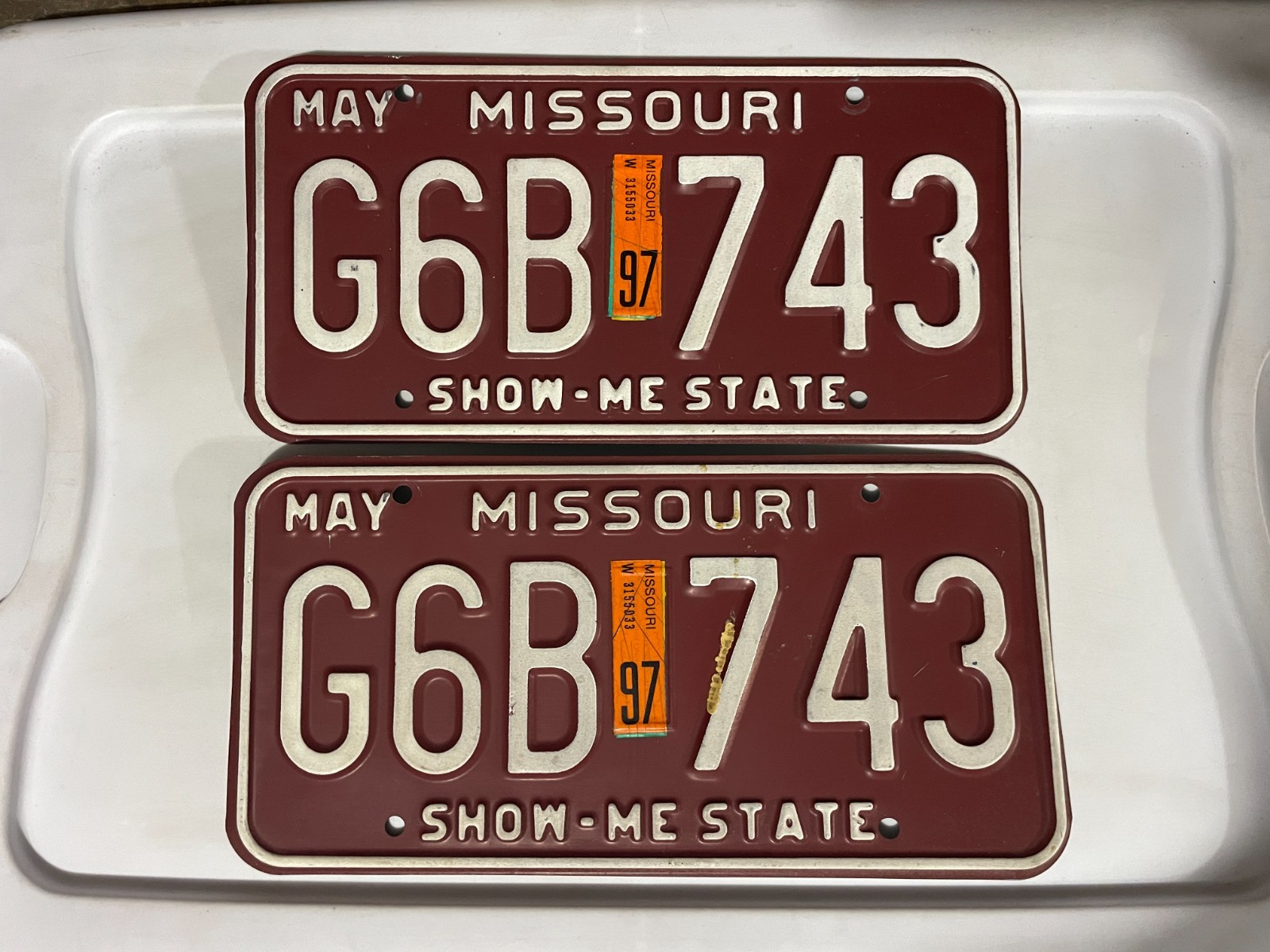 Missouri License Plate Pair of License Plates 1997 May G6B 743 Missouri License Plate Pair of License Plates 1997 May G6B 743