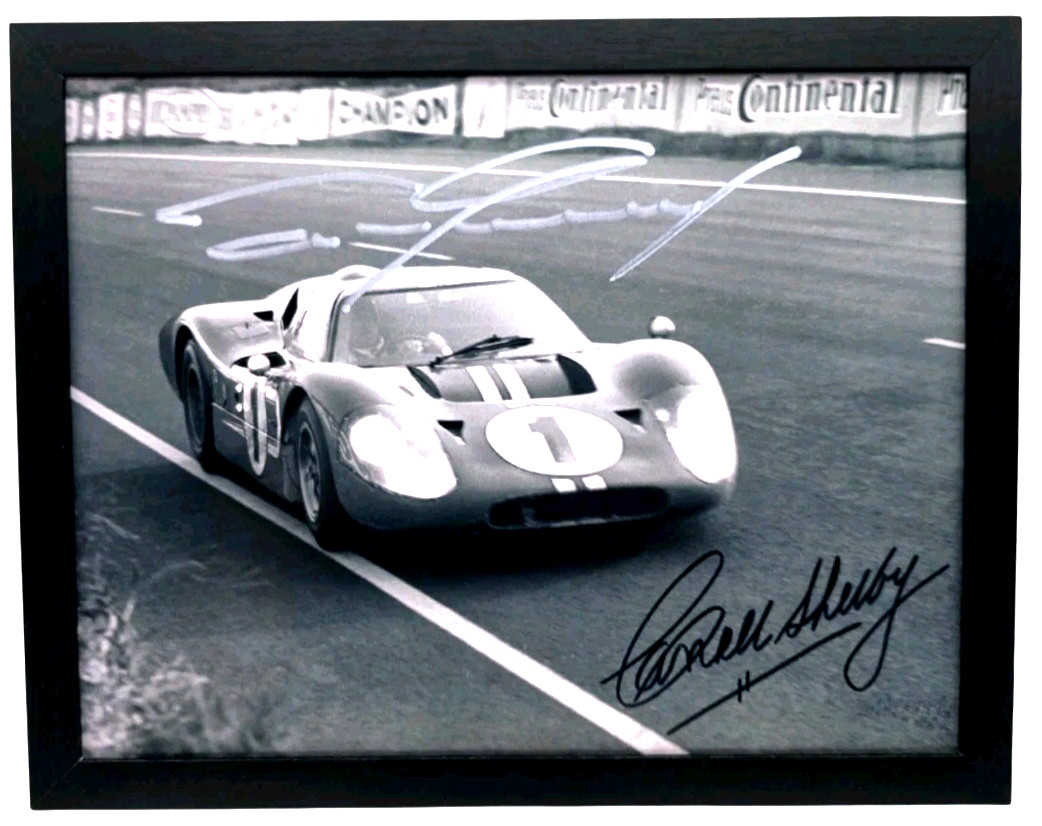 12X9 FRAMED 1967 LE MANS GT40 MKIV SIGNED CARROLL SHELBY & DAN GURNEY REPRO