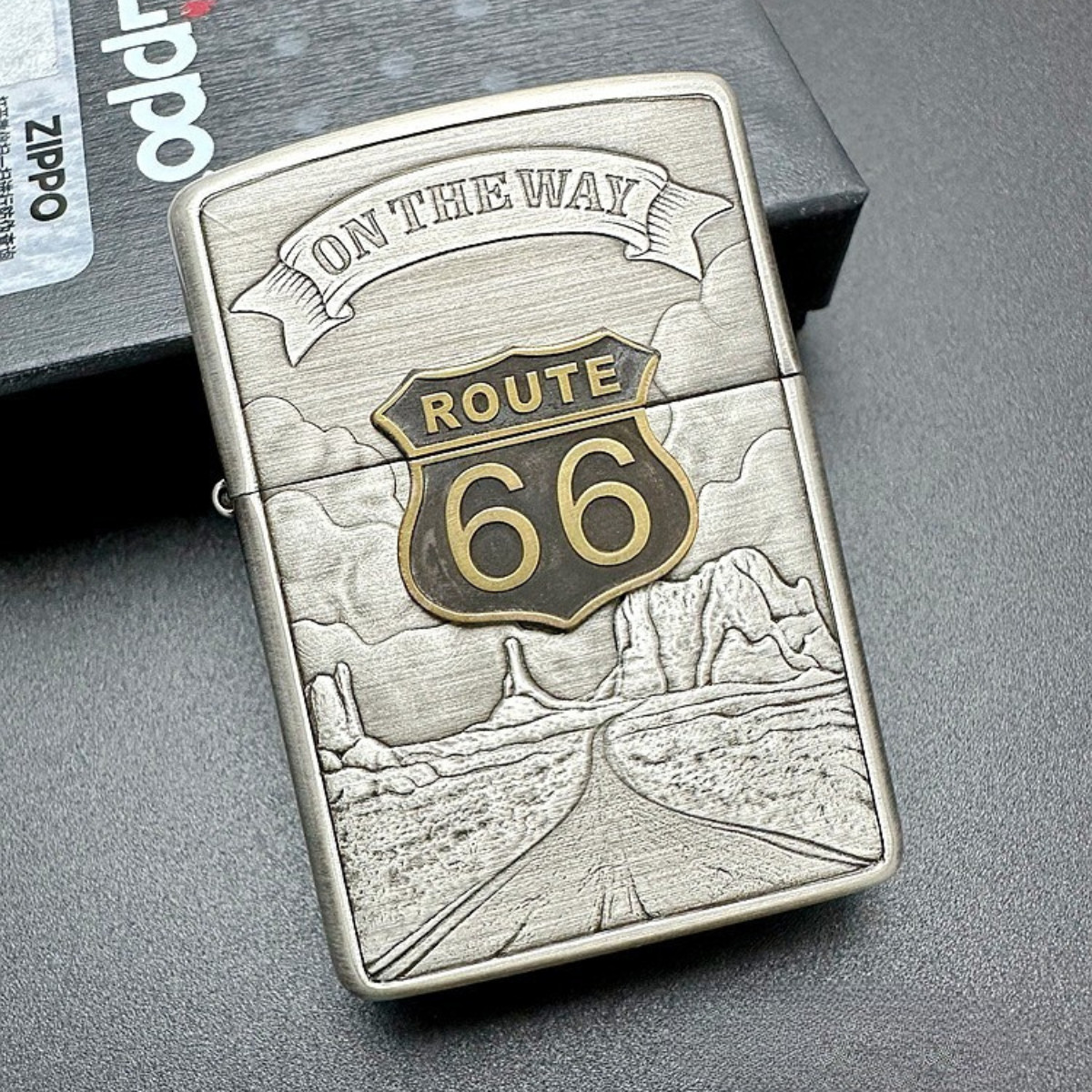 Zippo Route 66 Lighter Smoked Silver Armor Relief On the Way Collectible Zippo Route 66 Lighter Smoked Silver Armor Relief On the Way Collectible
