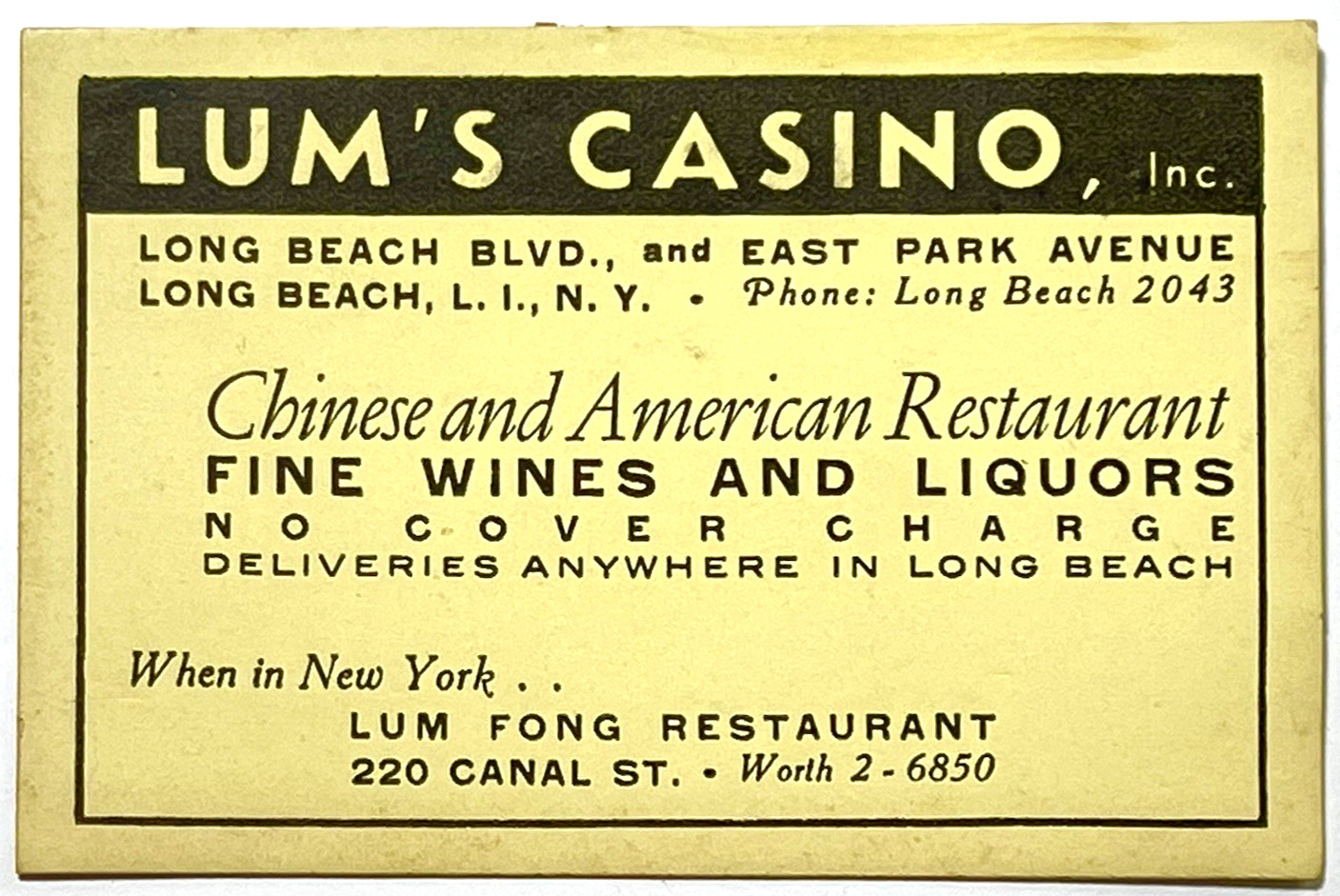 1938 LONG ISLAND, NY- LUM\'S CASINO & LUM FONG RESTAURANT, CANAL ST, MANHATTAN,NY 1938 LONG ISLAND, NY- LUM\'S CASINO & LUM FONG RESTAURANT, CANAL ST, MANHATTAN,NY