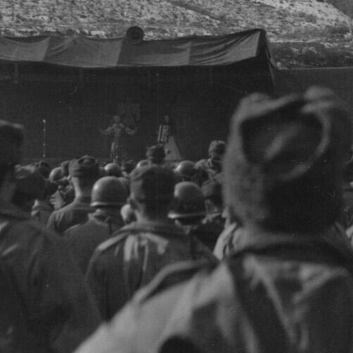 3P Photograph View From Large Crowd Backs USO Stage Performance 1940\'s