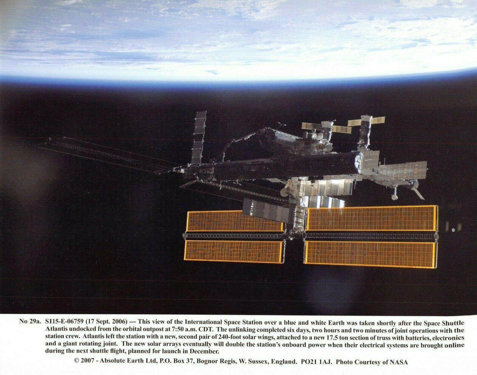 NASA Photographic Card Print of International Space Station ISS September 2006