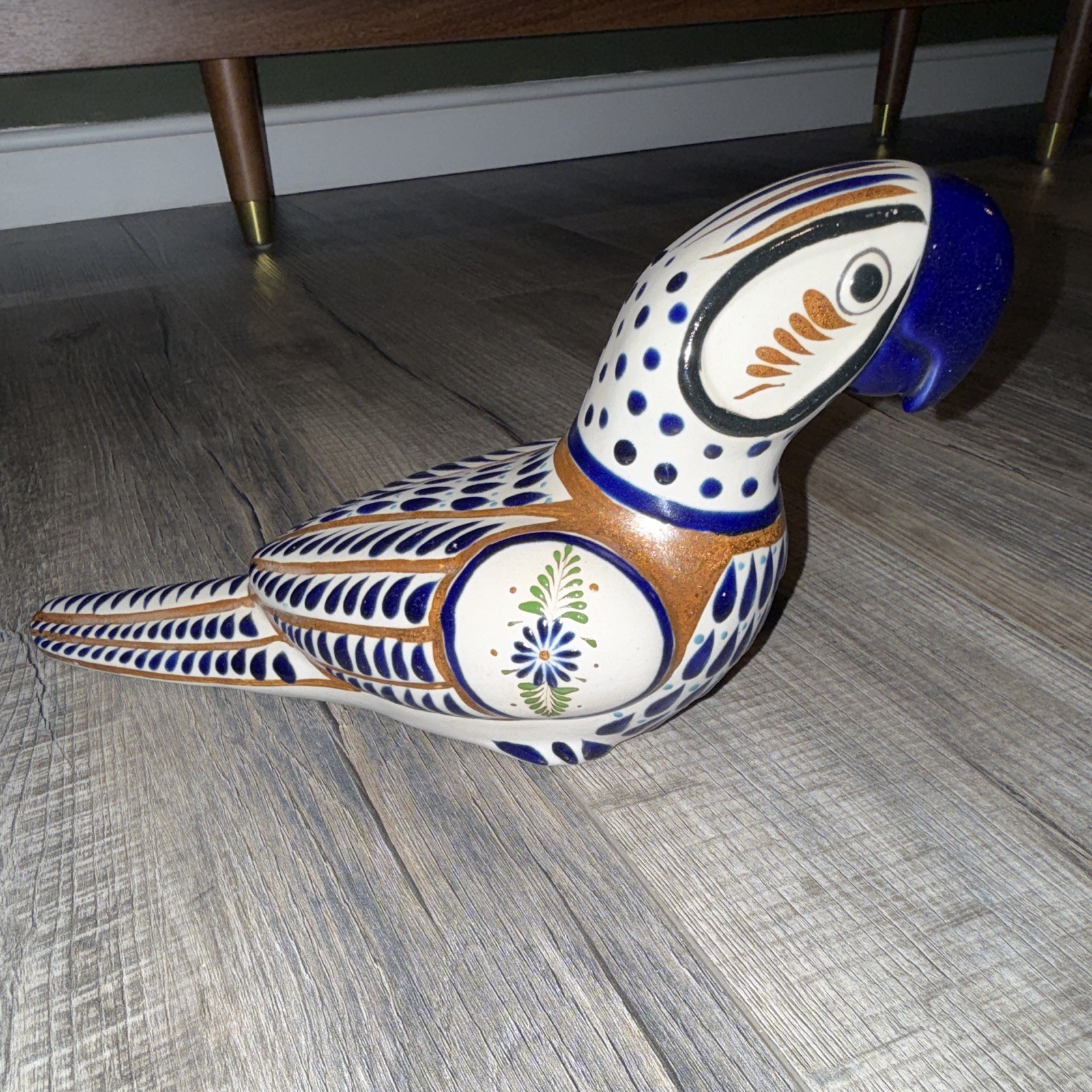 Vntg Mexican Pottery Parrot Figurine 13” Hand Painted Blue White Floral Folk Art