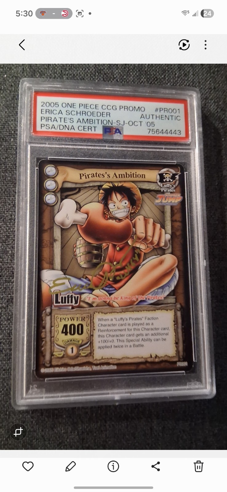 Bandai 2005 One Piece Promo Pirate\'s Ambition Luffy PR001 Autographed PSA