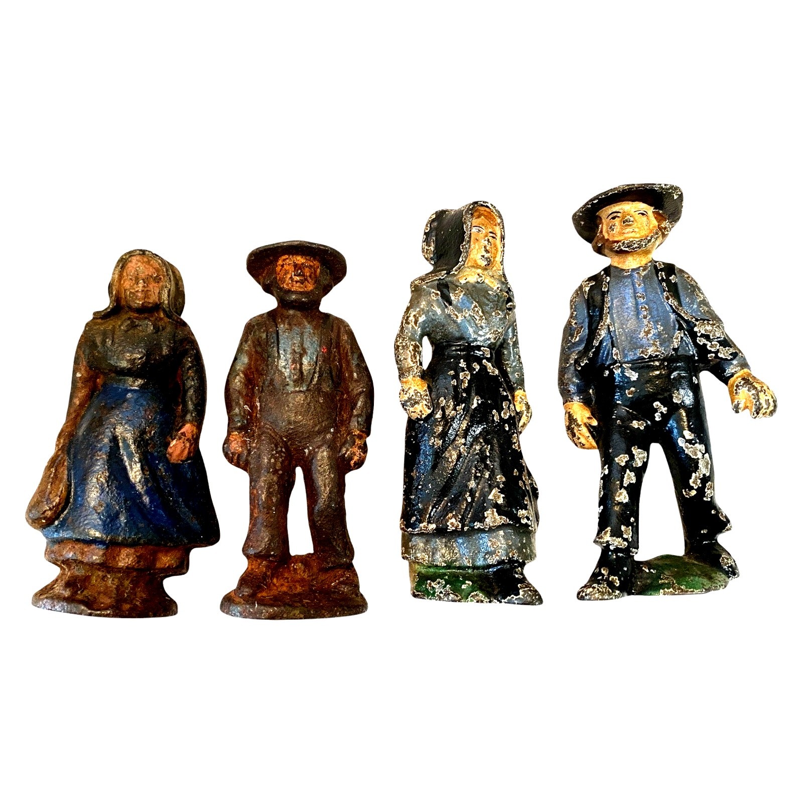 Vintage Cast Iron Amish Family Figurines Set of 4 Hand Painted 1940s 1950s