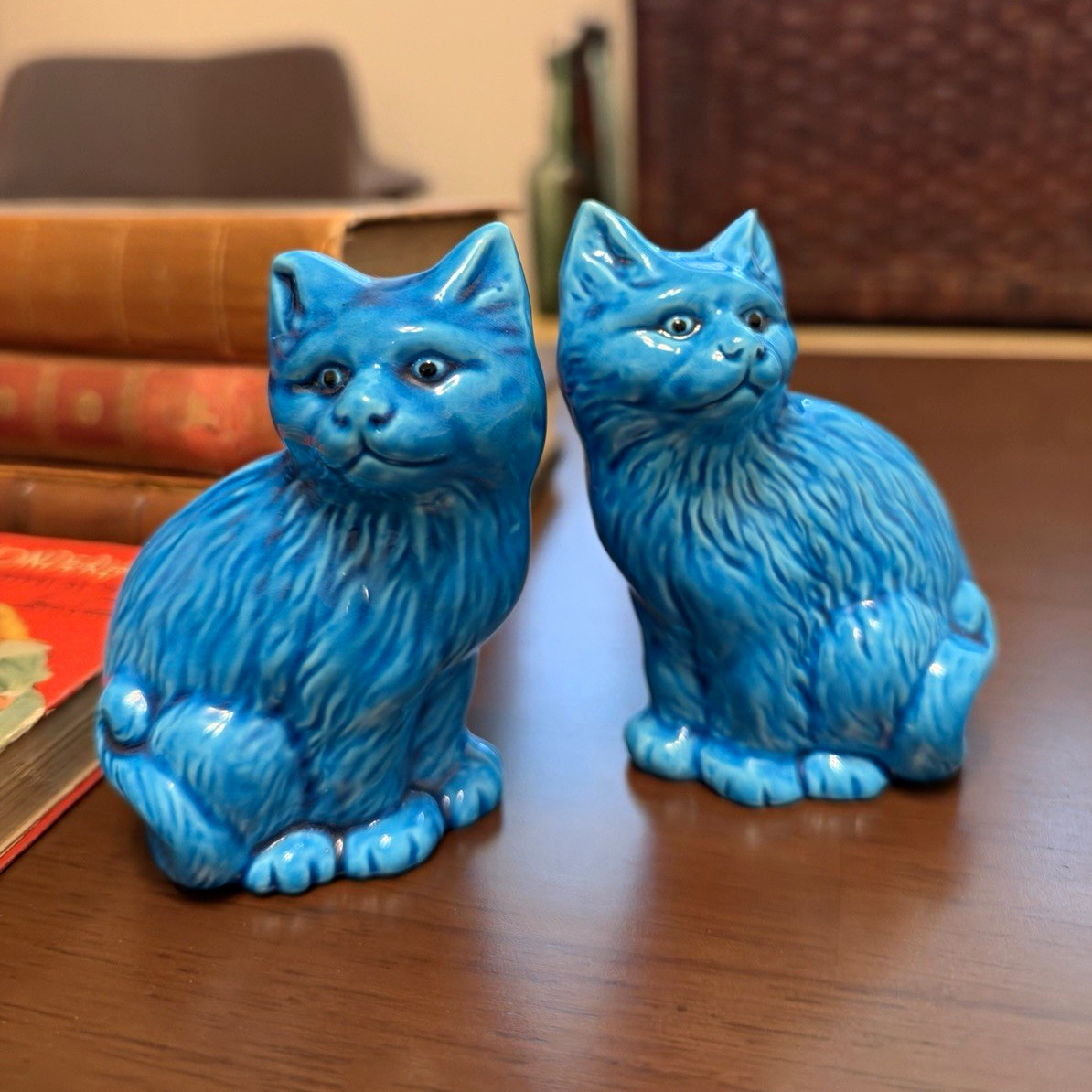 Blue Vintage Cat Figurines Pair French English style decor