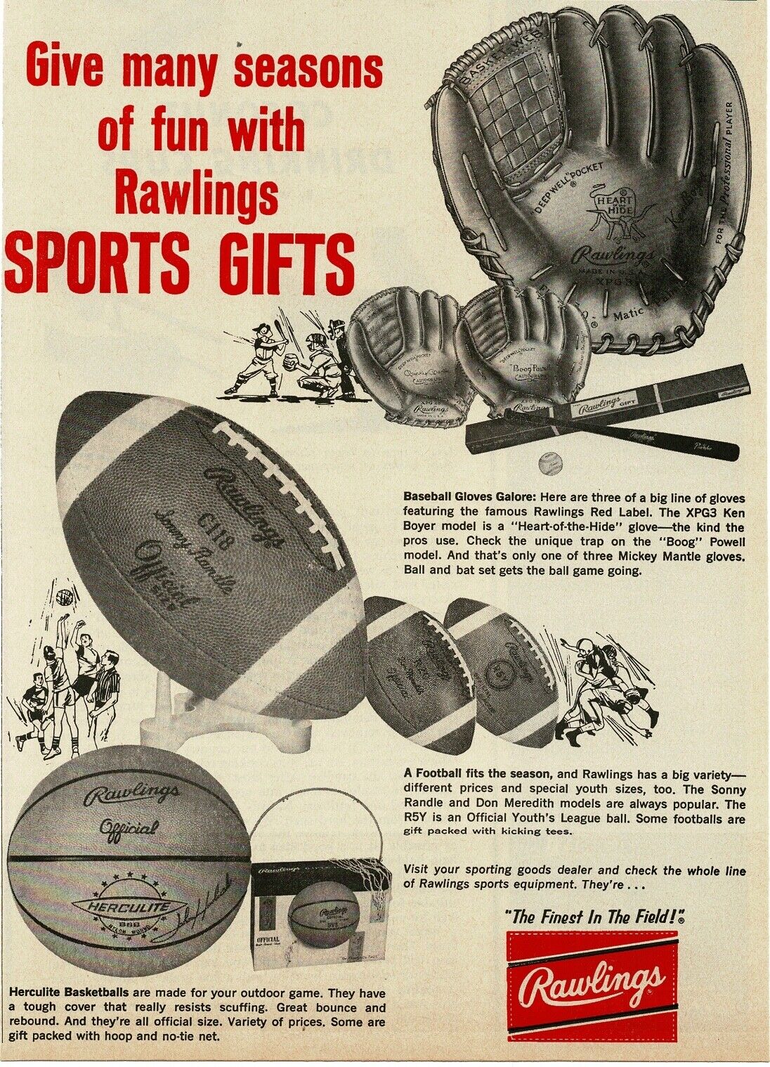 1965 RAWLINGS baseball gloves footballs basketballs Vintage Print Ad 