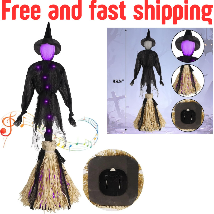 Halloween Animated Witch Decor, Sound Activated Spinning Witch on Broom with Pur Halloween Animated Witch Decor, Sound Activated Spinning Witch on Broom with Pur