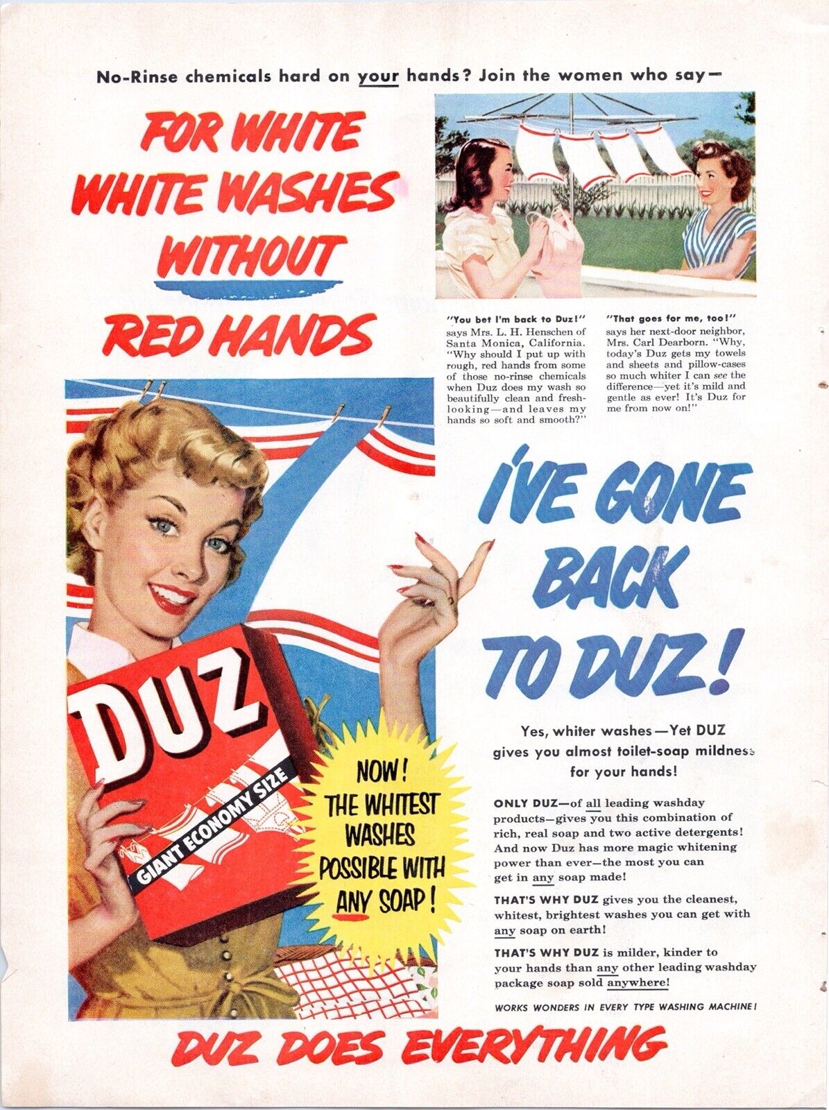 1952 Duz Print Ad White Washed Without Red Hands