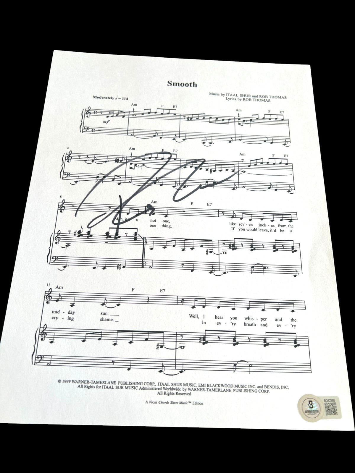 ROB THOMAS SIGNED AUTOGRAPH SHEET MUSIC SMOOTH BECKETT BAS COA D ROB THOMAS SIGNED AUTOGRAPH SHEET MUSIC SMOOTH BECKETT BAS COA D