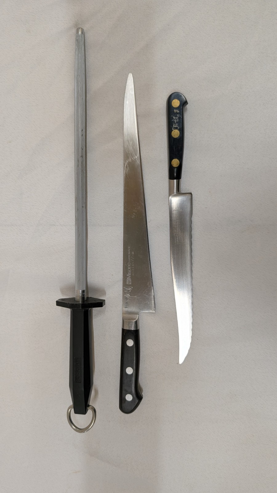 Lot of 3 Misono Molybdenum Veritable Sabatier Chef Au Ritz FORSCHNER Japan Swiss Lot of 3 Misono Molybdenum Veritable Sabatier Chef Au Ritz FORSCHNER Japan Swiss
