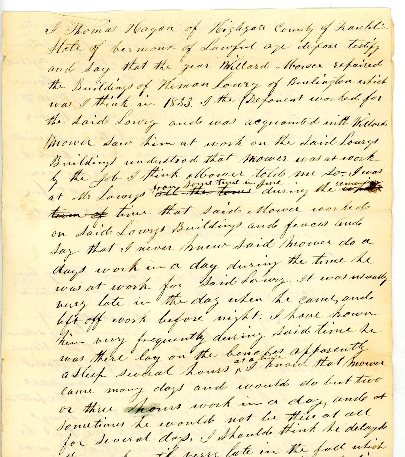 1840 Handwritten Deposition Thomas Hagan Benjamin Peake Franklin Vermont Lowrey
