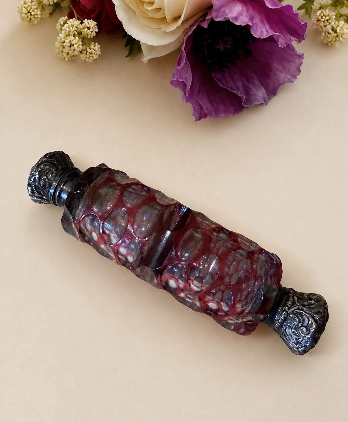 Antique 1875 French Cranberry Cut Glass Double Scent & Salts Bottle Solid Silver
