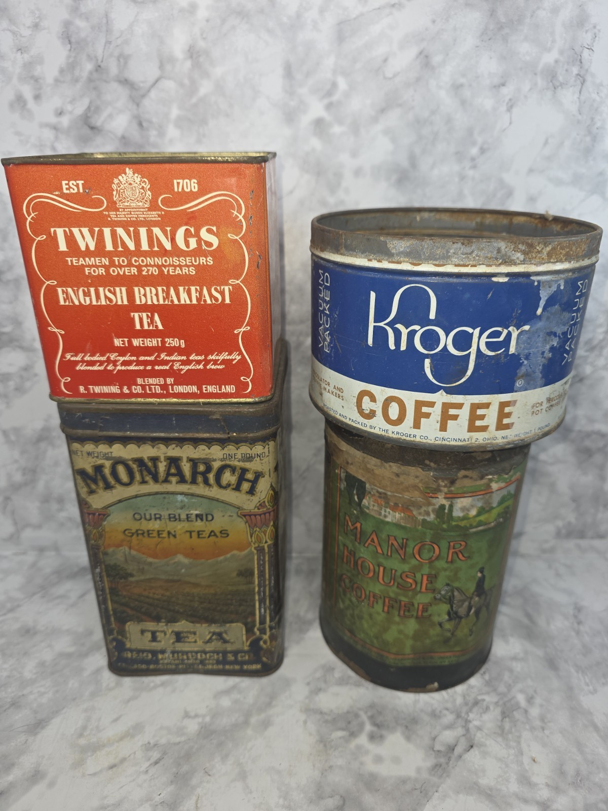 Vintage Coffee & Tea Tin Lot 4pc Monarch Manor House Kruger Twinings Advertising Vintage Coffee & Tea Tin Lot 4pc Monarch Manor House Kruger Twinings Advertising