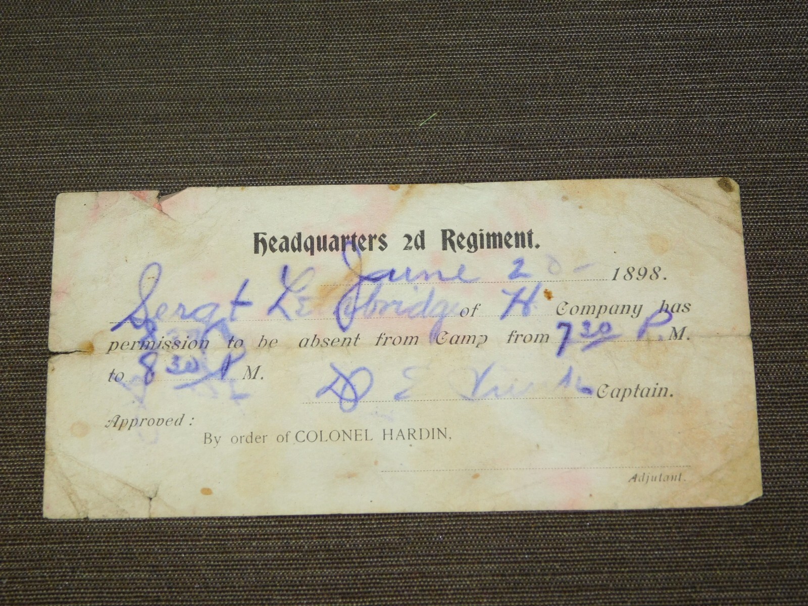 VINTAGE 1898 SPANISH AMERICAN WAR HQ 2D REGIMENT PERMISSION TO BE ABSENT VINTAGE 1898 SPANISH AMERICAN WAR HQ 2D REGIMENT PERMISSION TO BE ABSENT