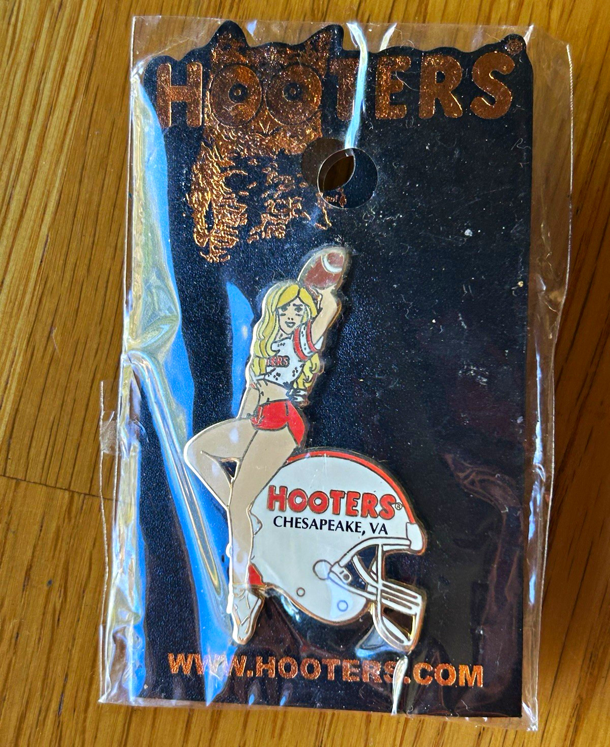 Hooters Chesapeake VA Hooters Girl & Football Helmet Advertising Pin on Card Hooters Chesapeake VA Hooters Girl & Football Helmet Advertising Pin on Card