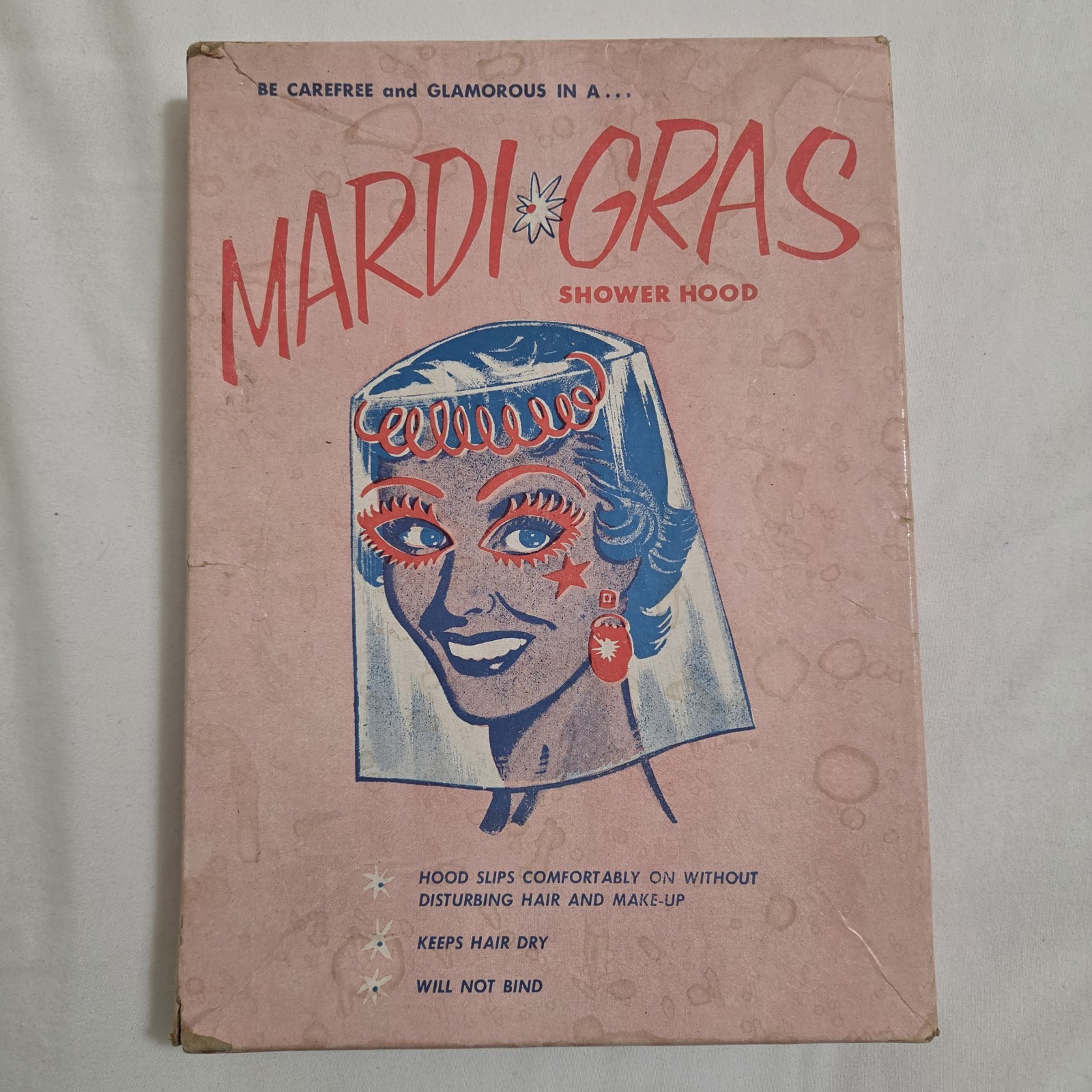 Vintage 1950s Mardi Gras Shower Hood In Box Plastic Shower Cap