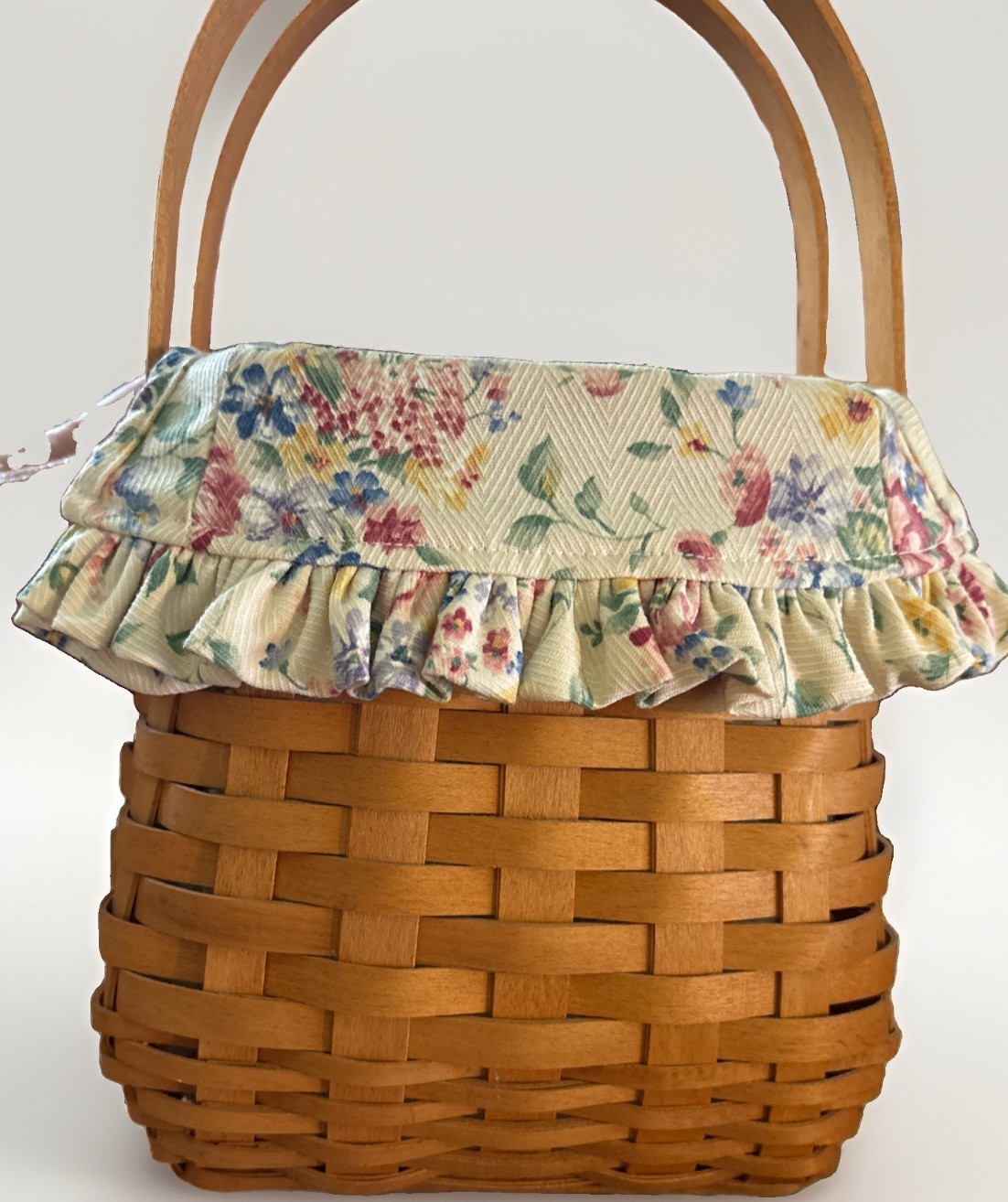 Longaberger Tote Handwoven Basket 2003 w/ Floral Liner & Protector Longaberger Tote Handwoven Basket 2003 w/ Floral Liner & Protector