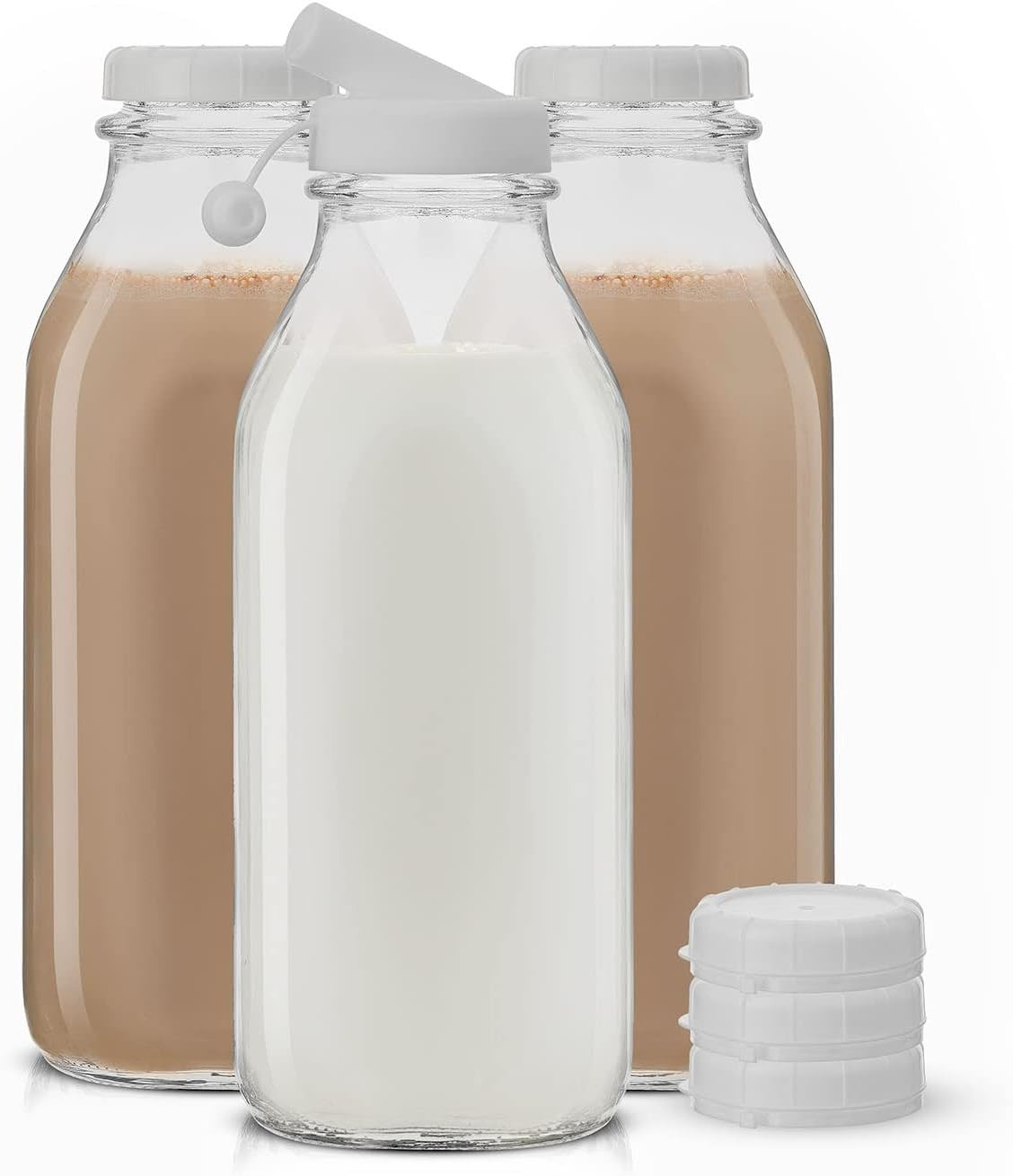 Joyjolt Glass Milk Bottles with Lids and Pourer – 32 Oz, 3 Pack Airtight Heavy Joyjolt Glass Milk Bottles with Lids and Pourer – 32 Oz, 3 Pack Airtight Heavy