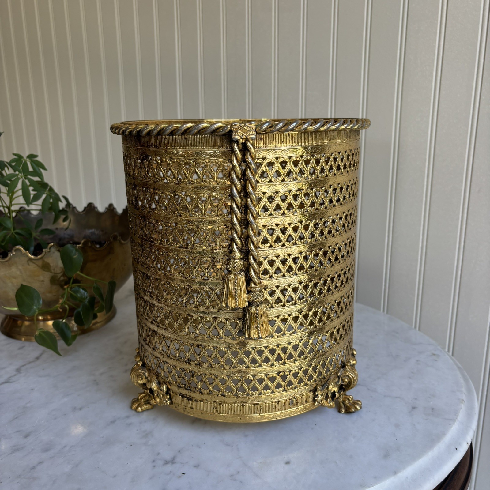 VTG MCM Gold Rope Tassel Claw Footed Hollywood Regency Metal Wastebasket Cover VTG MCM Gold Rope Tassel Claw Footed Hollywood Regency Metal Wastebasket Cover