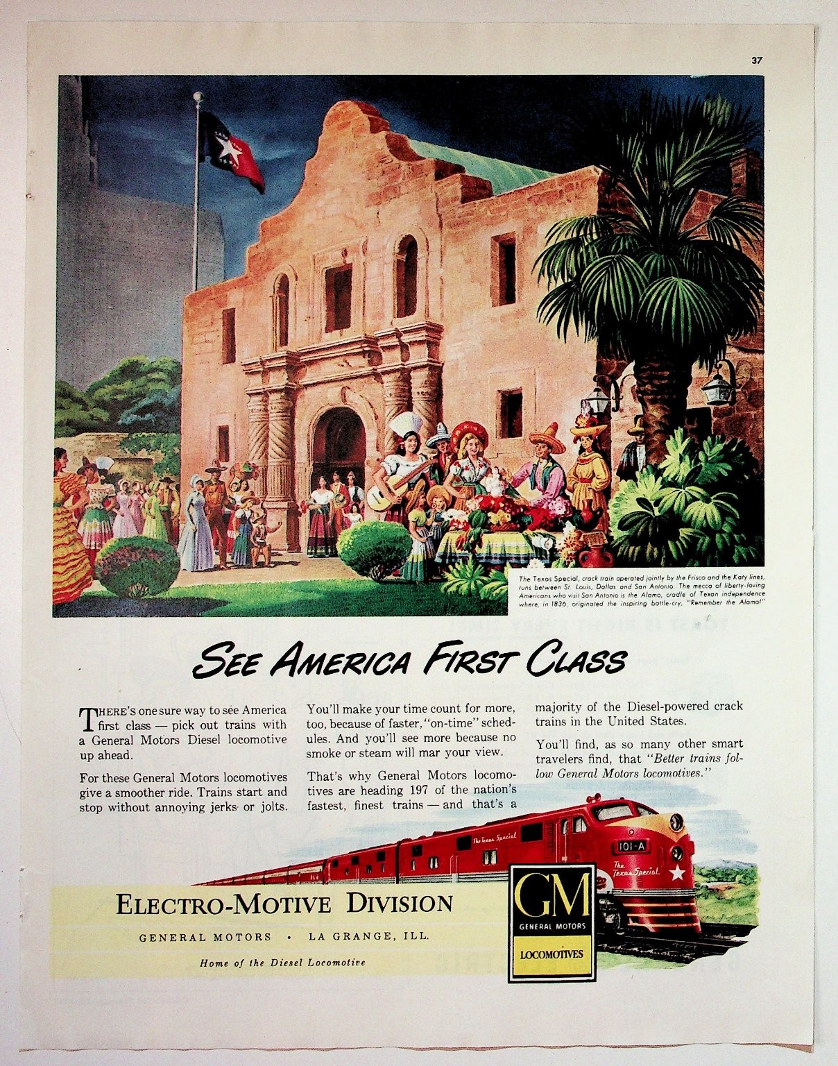 Vintage 1947 General Motors Diesel Locomotive Alamo Texas Special Magazine Ad Vintage 1947 General Motors Diesel Locomotive Alamo Texas Special Magazine Ad