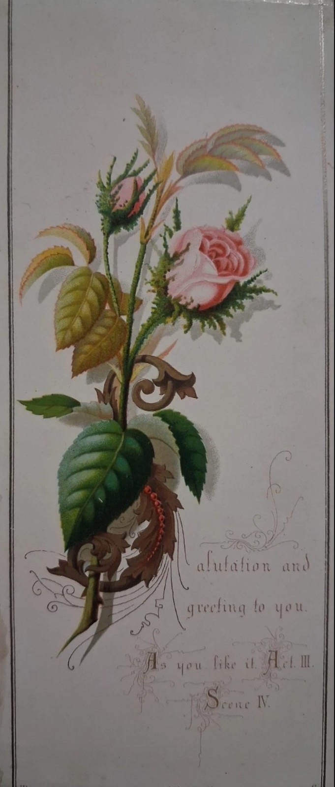 1880s-90s VICTORIAN bookmark Shakespeare AS YOU LIKE IT Rose Floral 1880s-90s VICTORIAN bookmark Shakespeare AS YOU LIKE IT Rose Floral