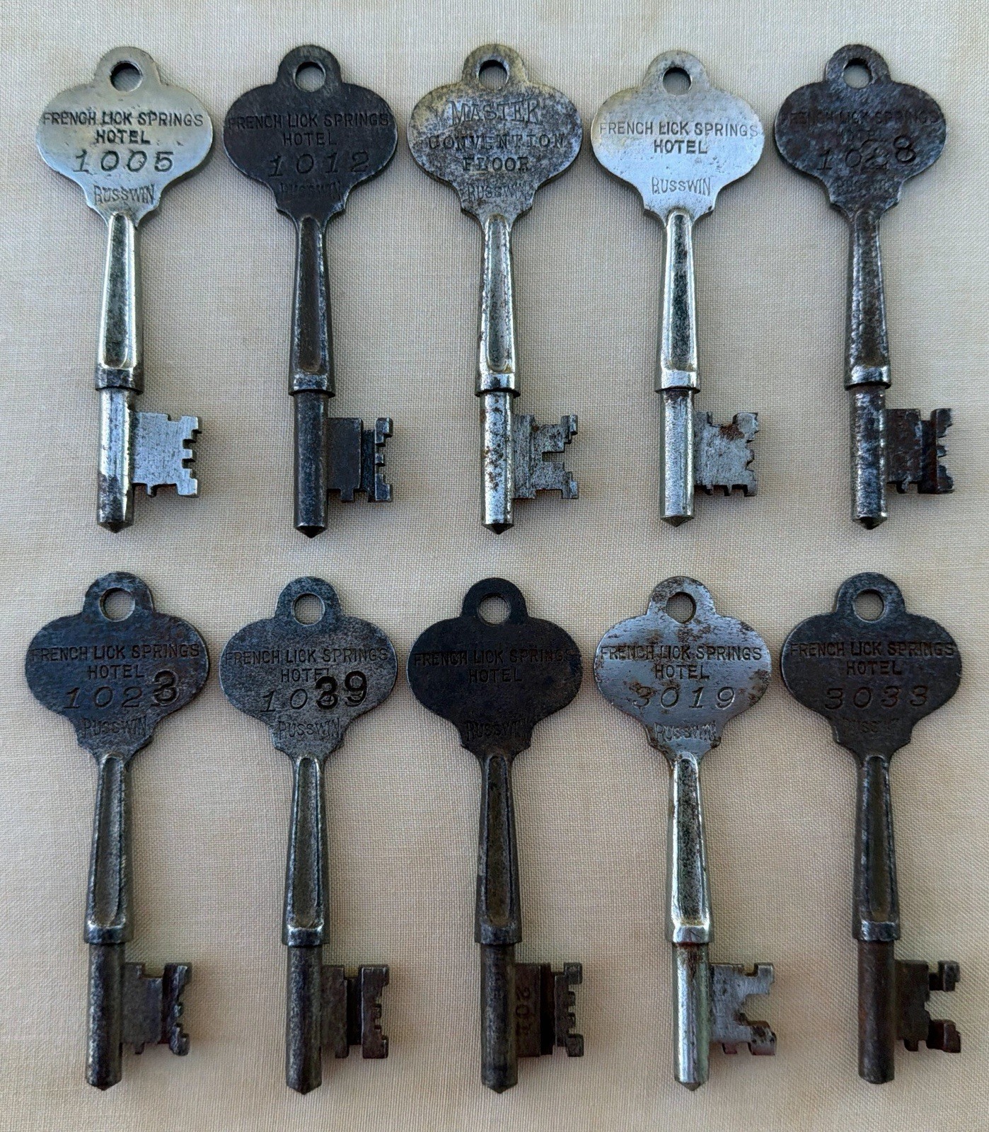RARE 1930s French Lick Springs Hotel LOT OF 10 Antique Room Keys RUSSWIN Indiana