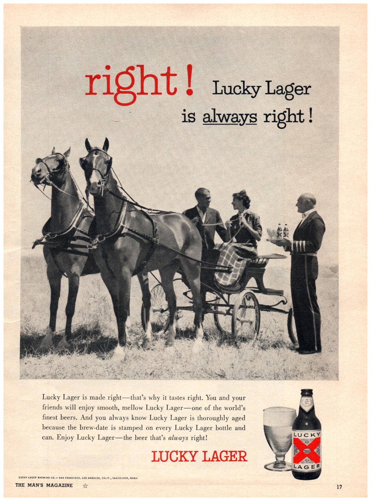 PRINT AD, 1958 Lucky Lager Beer Right Always Right 50's Couple Horse Drawn Ride