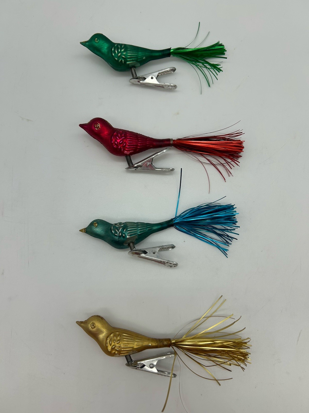 Qty (4) Vintage 5” Mercury Clip-on Bird With Tinsel Tail ornaments