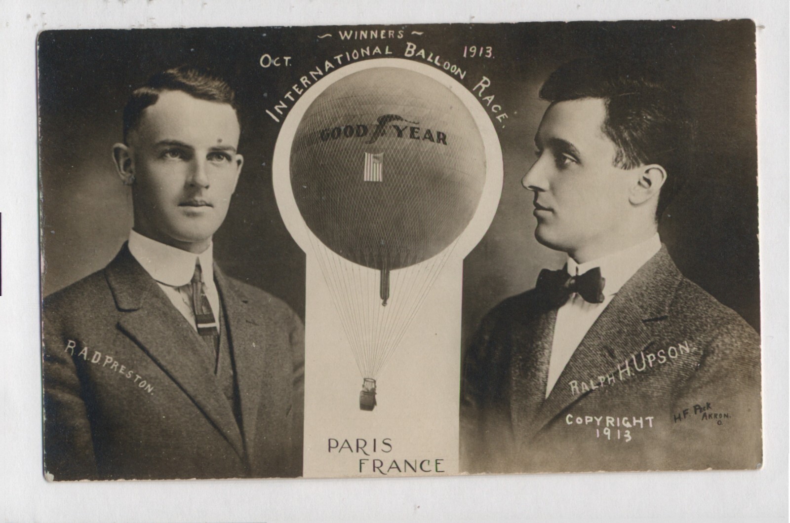 1913 RPPC Postcard Winners Goodyear Balloon Race Paris To West Branch Michigan