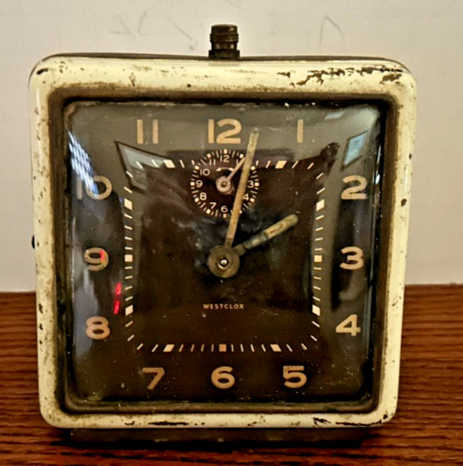 Vintage Mid Century Westclox Shelf/Dresser Alarm Clock DK Brown Dial Wind Up USA