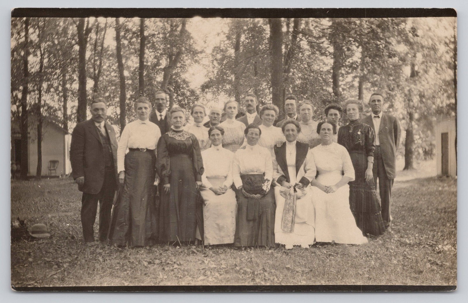 RPPC Large Group Men Women Outdoors Small Building 1904-1918 Real Photo Postcard