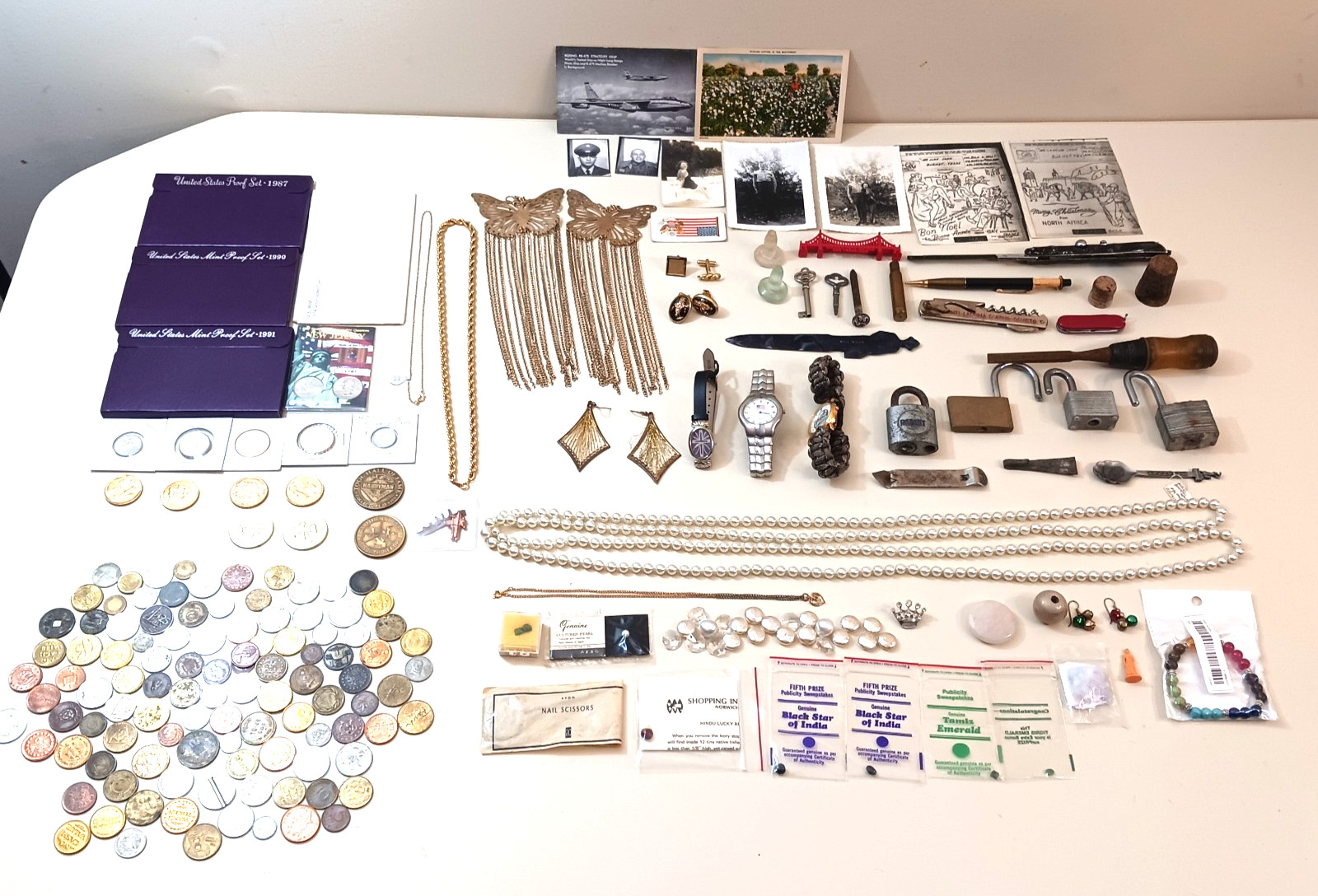 Vintage Estate Junk Drawer Fashion Jewelry Lot US Mint Proof Coins Tokens Tool Vintage Estate Junk Drawer Fashion Jewelry Lot US Mint Proof Coins Tokens Tool