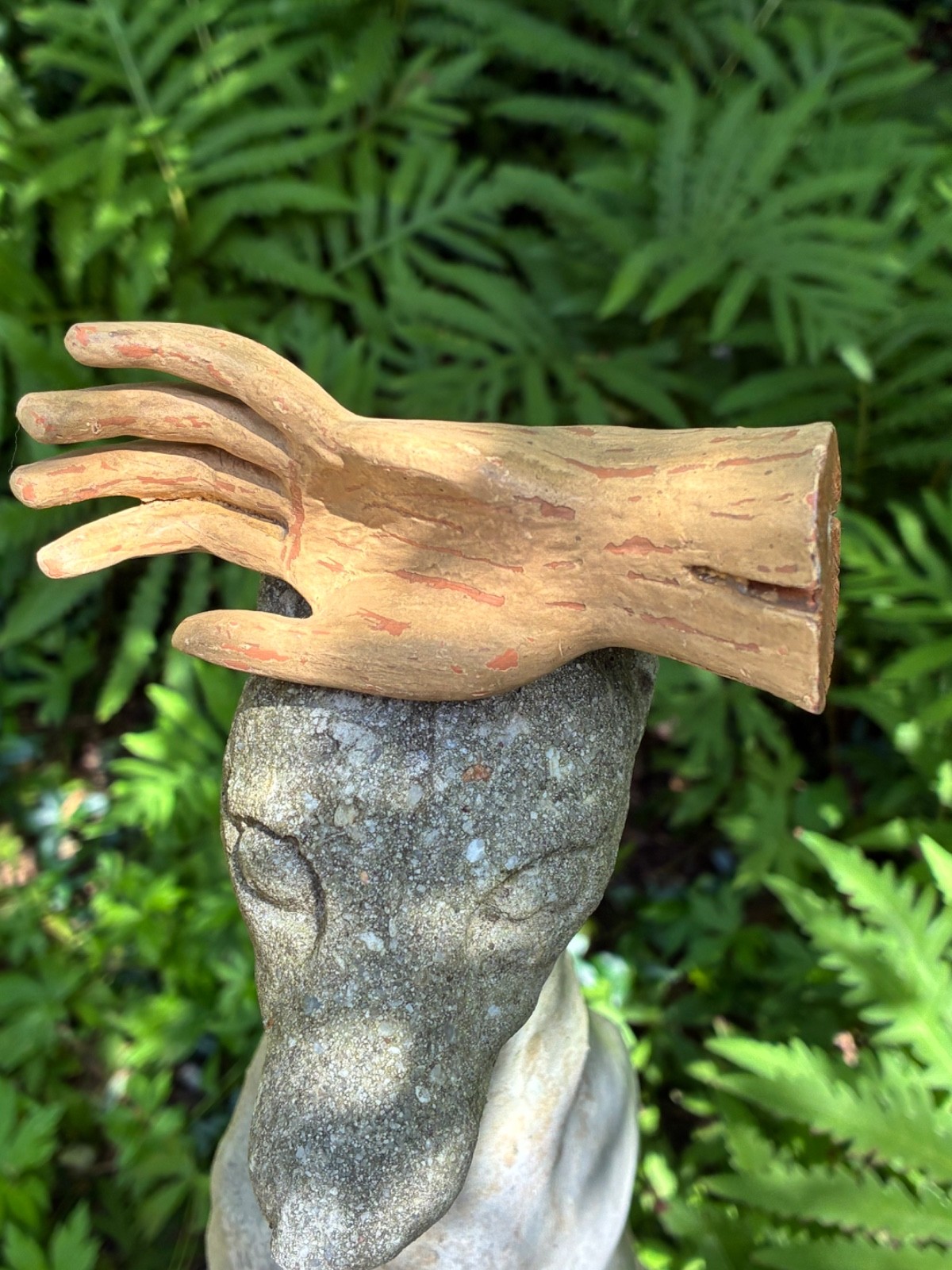 Vtg CARVED WOOD HUMAN HAND SCULPTURE Fingers Palm FIGURINE 4 5/8\