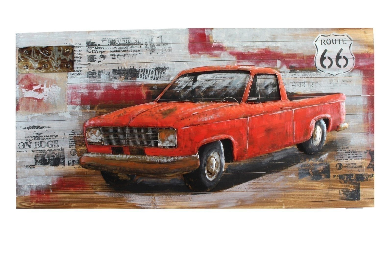 Vintage Red Pickup Truck Painting on Wood with Raised Metal 79 Vintage Red Pickup Truck Painting on Wood with Raised Metal 79