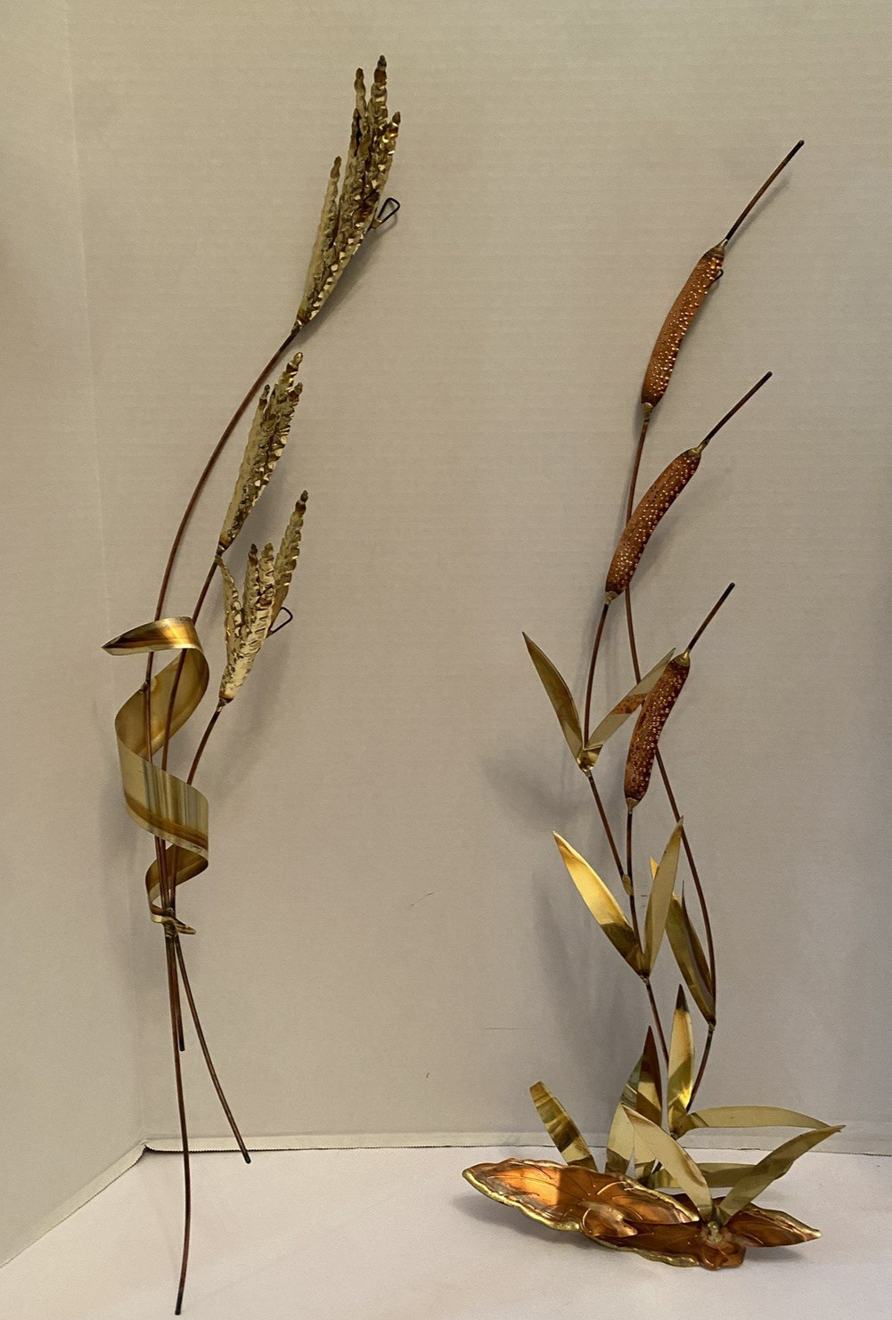 VTG HOME INTERIOR METAL WALL ART DECOR WHEAT BRANCH & CAT TAILS BRASS/COPPER MCM