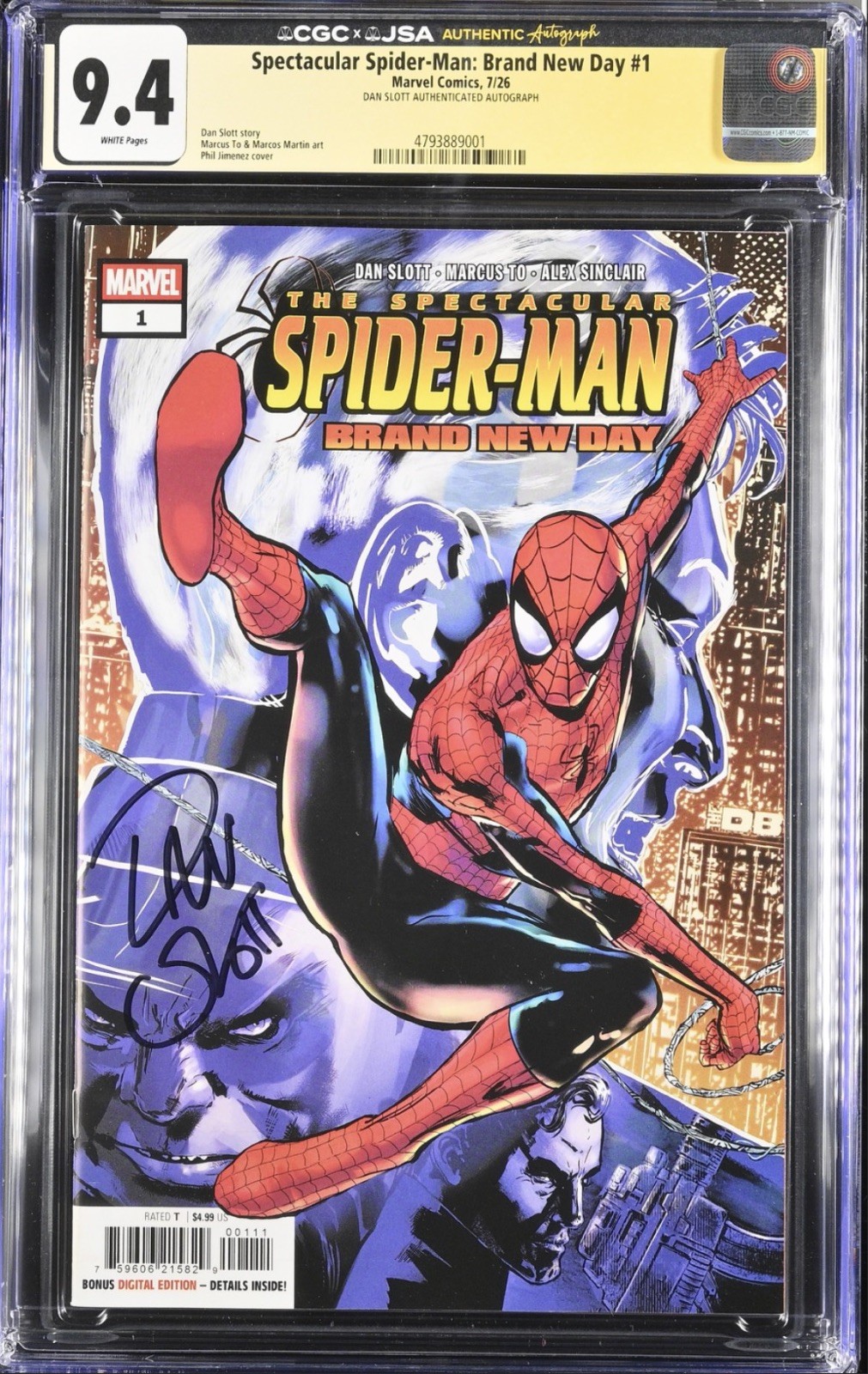 Spectacular Spider-Man Brand New Day #1 Comic Book Signed Dan Slott CGCxJSA 9.4 Spectacular Spider-Man Brand New Day #1 Comic Book Signed Dan Slott CGCxJSA 9.4