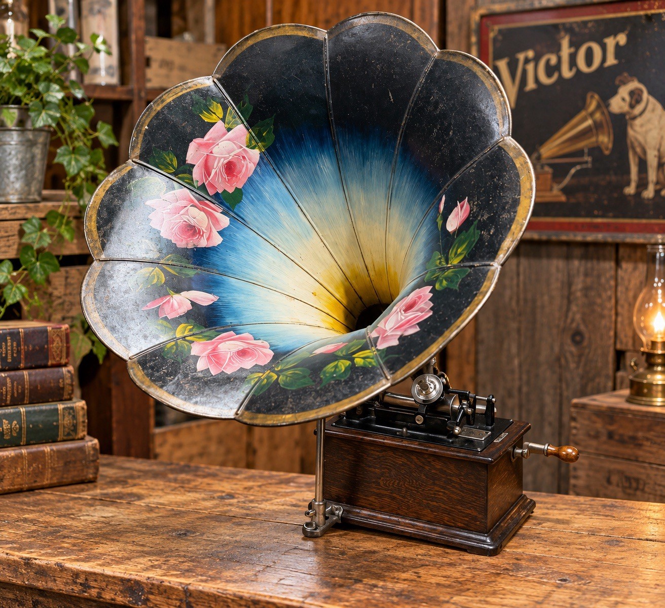 Antique c1906 Edison Standard Model B Phonograph Painted Morning Glory Horn Antique c1906 Edison Standard Model B Phonograph Painted Morning Glory Horn