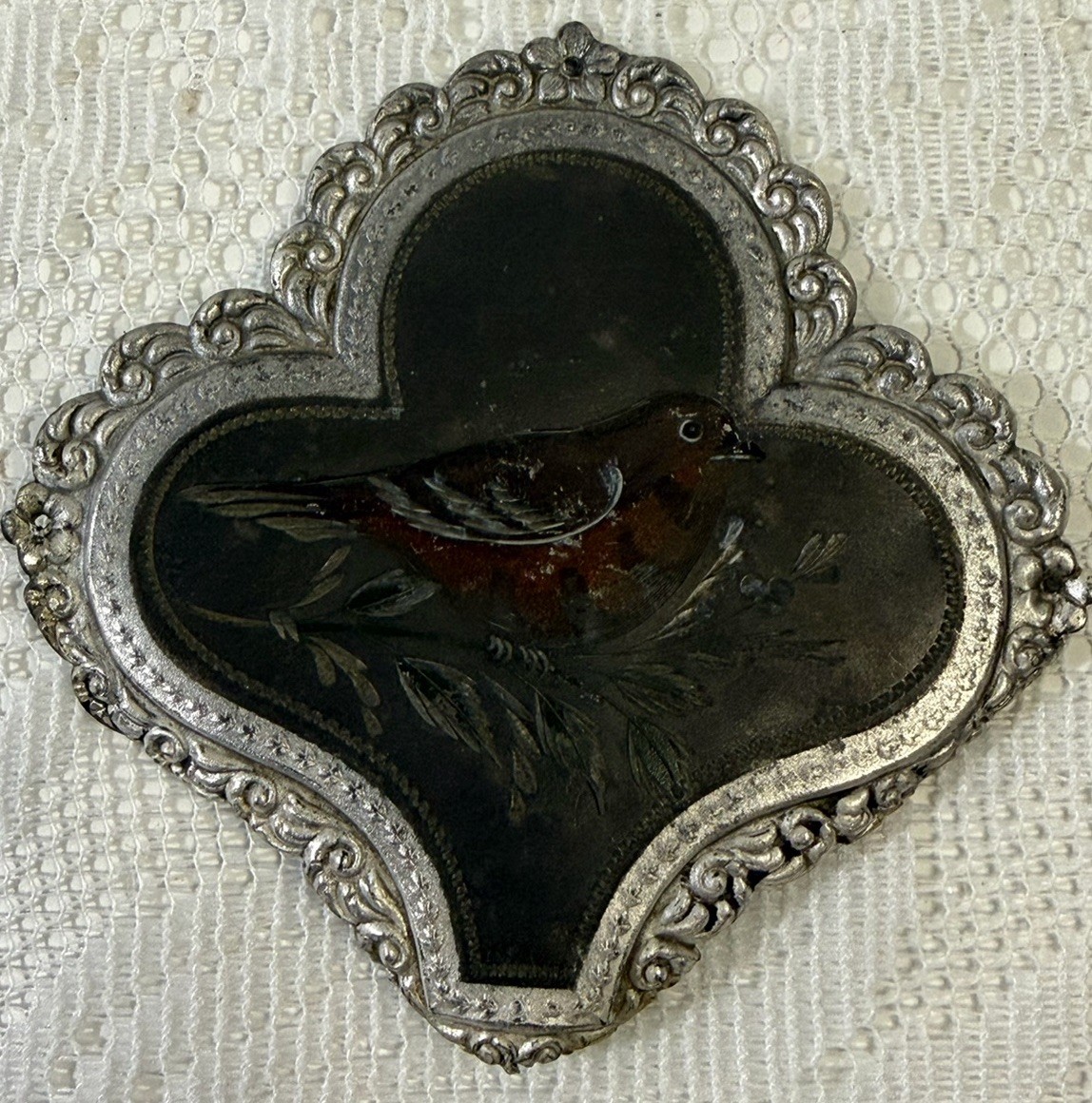Antique Spade Shaped Game Bird Painted Metal Plaque Ornate Victorian Decor