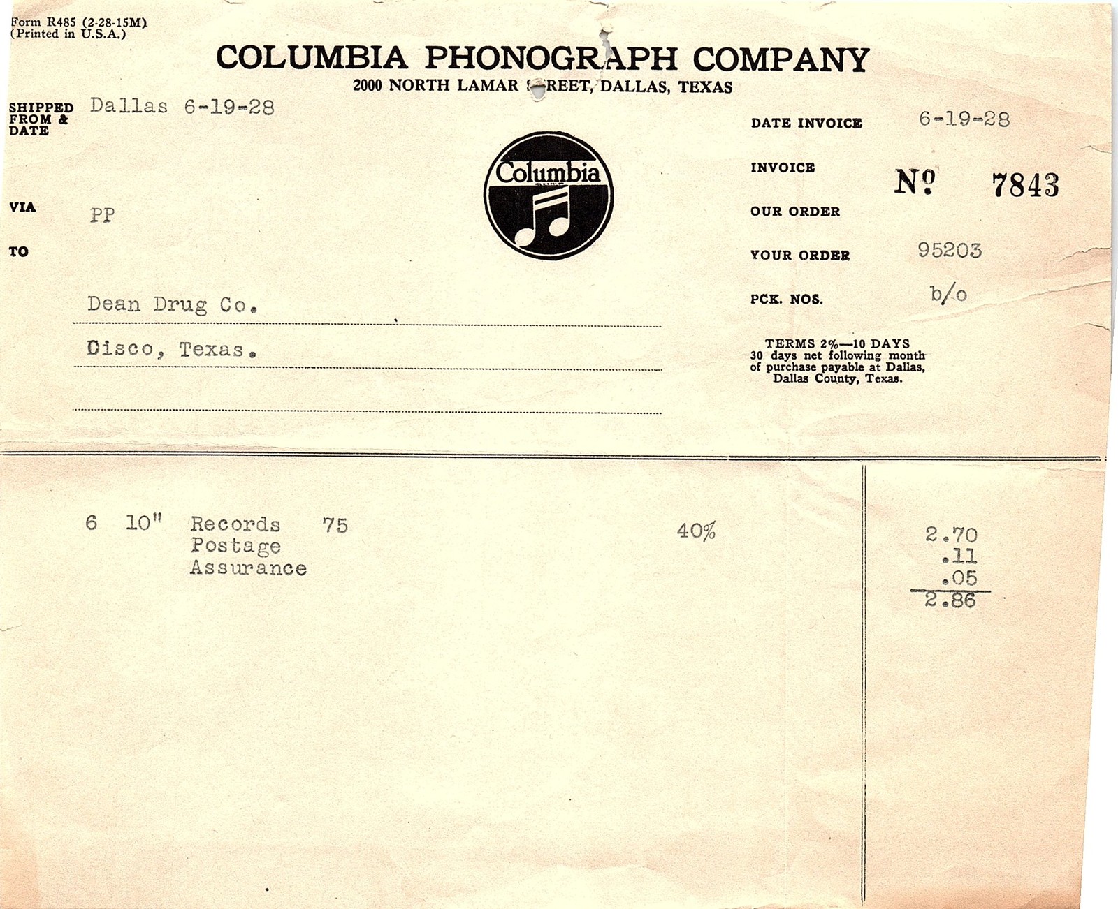 1928 Columbia Phonograph Co. invoice for 6 records 1928 Columbia Phonograph Co. invoice for 6 records