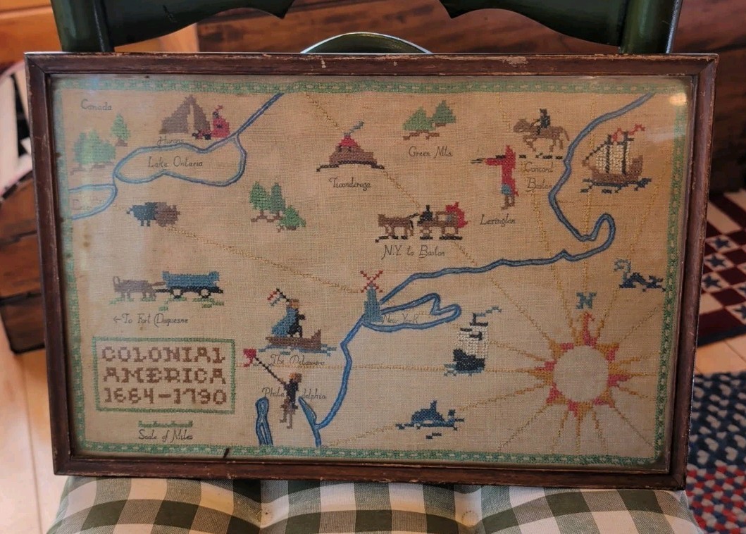 Antique Vintage 1930s Colonial America 1660-1790 Map Needlepoint Sampler Antique Vintage 1930s Colonial America 1660-1790 Map Needlepoint Sampler