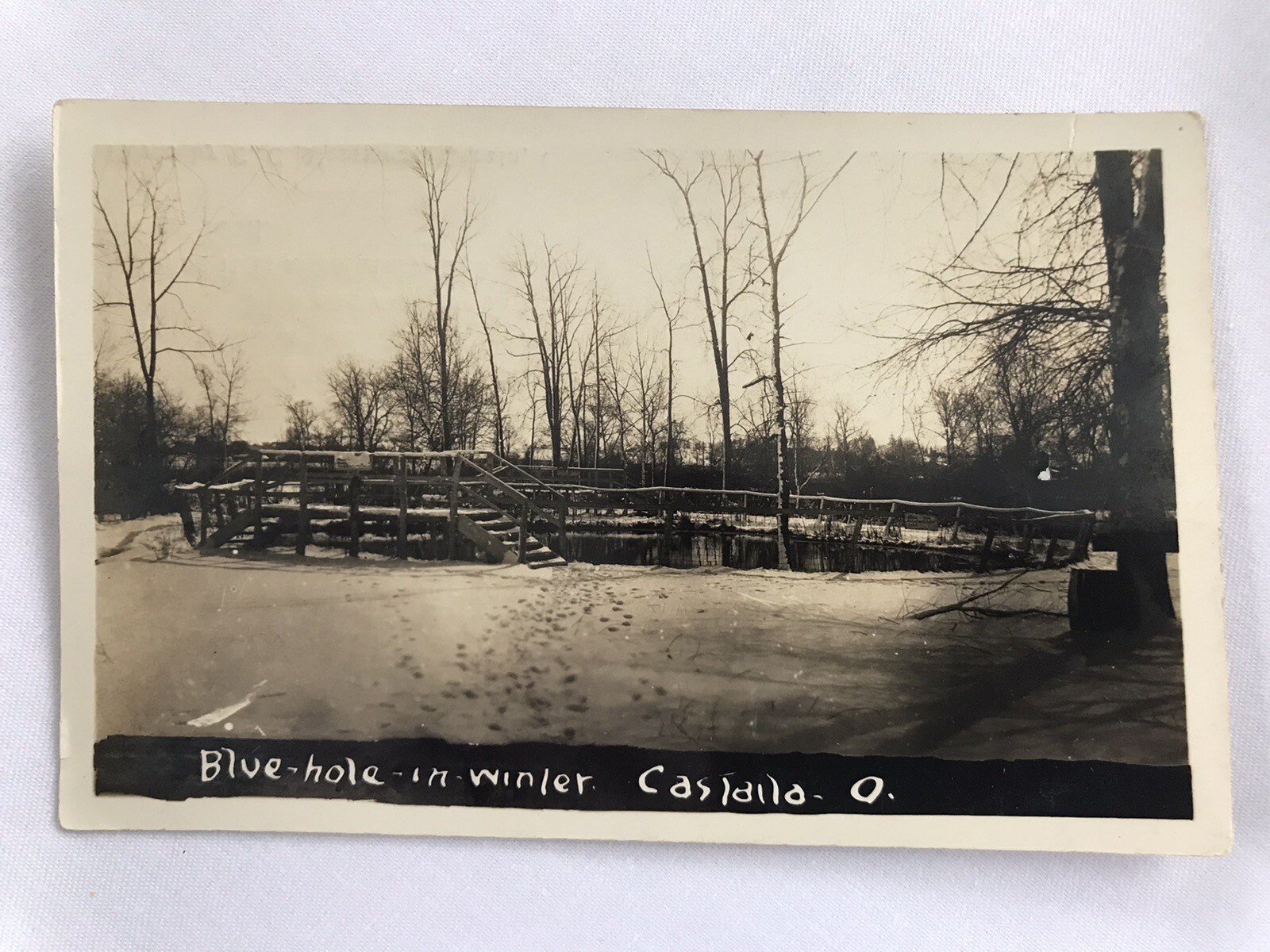 1907 Winter Scene At The Blue Hole Castalia Ohio Sandusky RPPC Postcard HTF